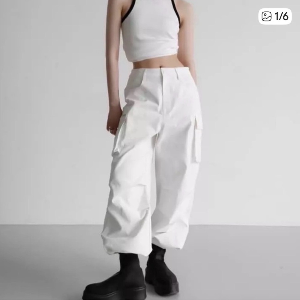 Papermoon White Cargo Wideleg Pants Size Large Cargo Y2K Baggy NWT